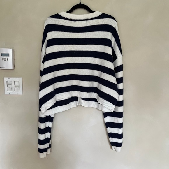 American Eagle Women's Navy Blue White Stripe Cropped Cardigan Sweater XXL - Picture 2 of 7